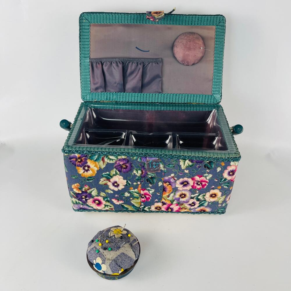 Vintage Style Hobby Sewing Box Blue with Pansy Print Green Trim with Pin Cushion - Picture 2 of 8